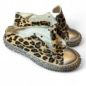 Leopard Print Studded Low-Top Sneakers - Metallic Toe